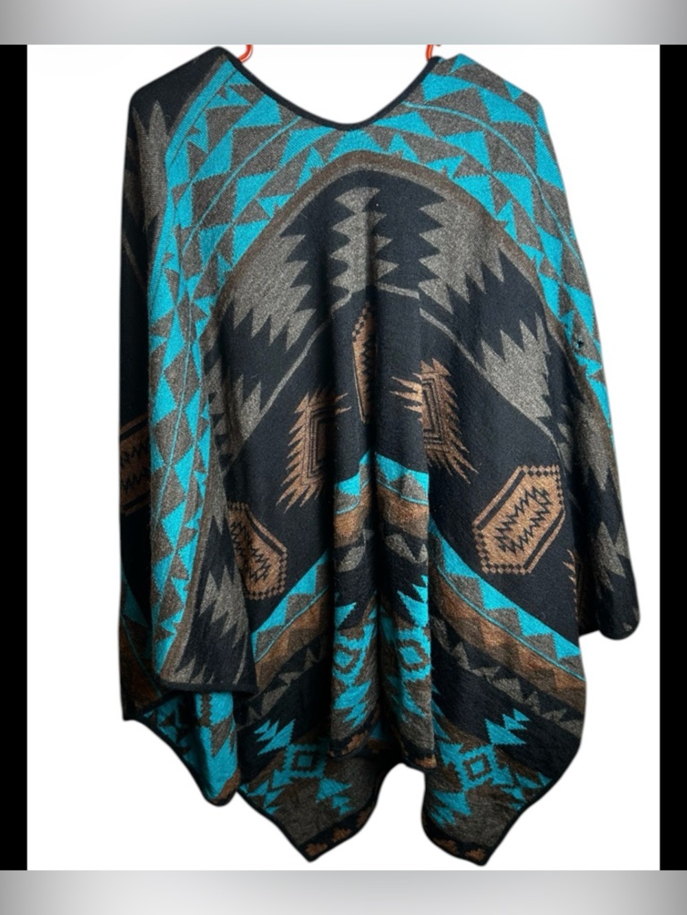 Luxury Style Southwestern Baby Alpaca Wrap Shawl Blue Brown Aztec Poncho OS - Picture 3 of 3